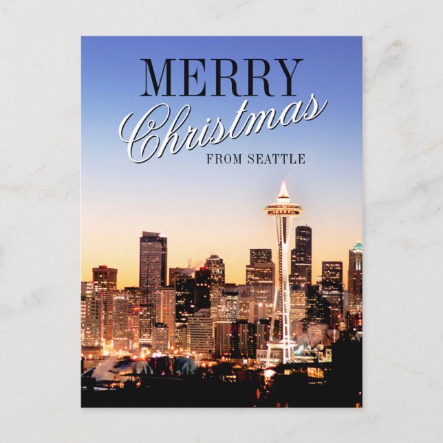 Cartão Postal De Festividades Seattle Skyline no Natal (Frente)