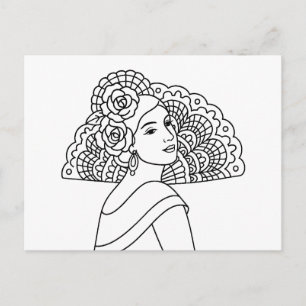 Cartão Postal De Festividades Senhora Espanhola Flamenca Com Leque Desenho a Tin