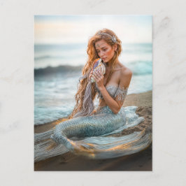 Cartão Postal De Festividades Sentada na praia oceânica com concha