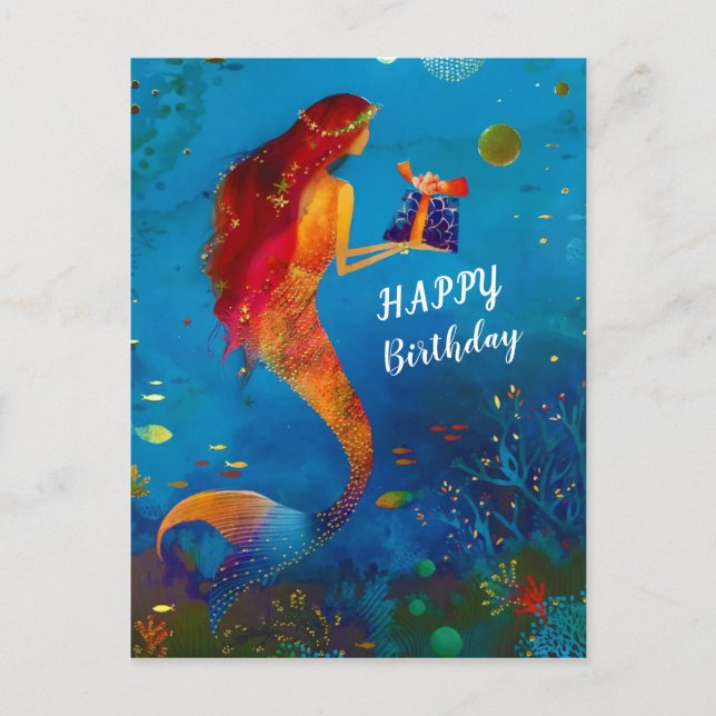 Cartão Postal De Festividades Sereia com Gliteira Azul Profunda de Água (Frente)