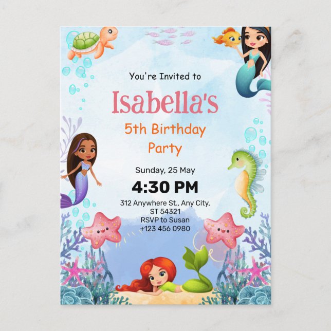 Cartão Postal De Festividades Sereia Mágica Sob Cartaz de Aniversário do Mar (Frente)