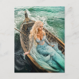 Cartão Postal De Festividades Sereia no Barco em Ondas de Tempestade no Mar
