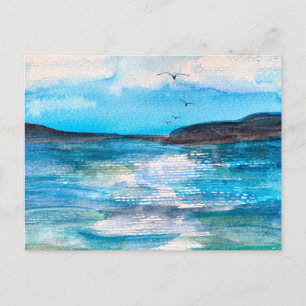 Cartão Postal De Festividades Serene Coastal Bay Watercolor Painting
