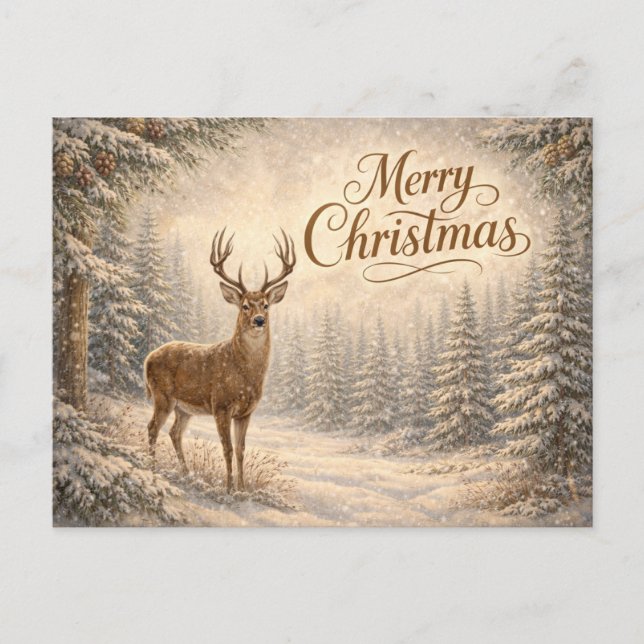 Cartão Postal De Festividades Serene Winter Deer Merry Christmas  (Frente)