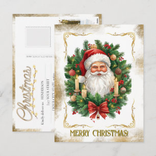 Cartão Postal De Festividades Seu Natal Vintage Dourado Foto da Família Papai No