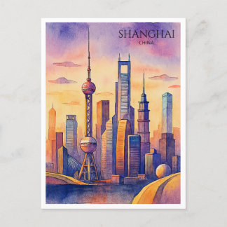 Cartão Postal De Festividades Shanghai Skyline China Viagem Watercolor