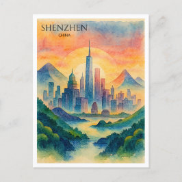 Cartão Postal De Festividades Shenzhen China Aquarela Silhueta da Cidade Souveni