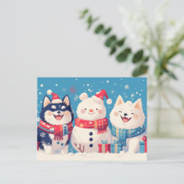 Cartão Postal De Festividades Shiba Inu preto e cão Samoyed com Boneco de Neve