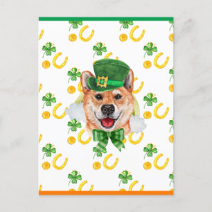 Cartão Postal De Festividades Shiba Inu Trevo do Dia de São Patrício