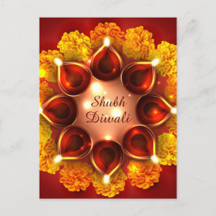 Cartão Postal De Festividades Shubh Diwali Merigold Dourado Diya Festival de Luz