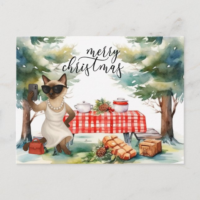 Cartão Postal De Festividades Siamese Cat Enviando Mensagem Feliz Natal (Frente)