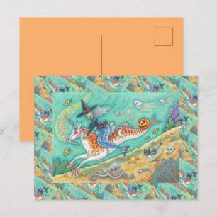 CARTÃO POSTAL DE FESTIVIDADES SIDESADDLE WITCH MERMAID, UNICORN MERHORSE FANTASY