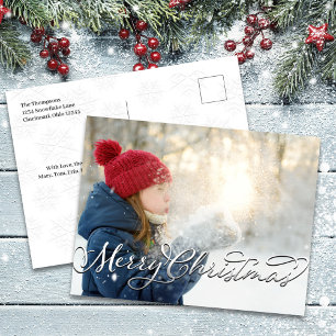 Cartão Postal De Festividades Silver Script Feliz Foto de Natal