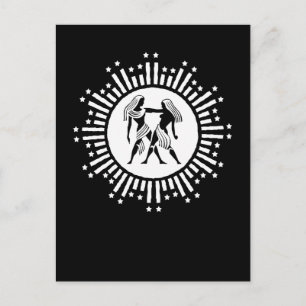 Cartão Postal De Festividades Símbolo Gemini Zodiac com Estrelas a Preto e Branc