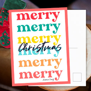 Cartão Postal De Festividades Simples Natal Alegre Colorido Vermelho Branco