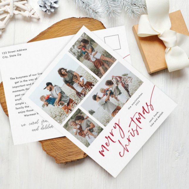 Cartão Postal De Festividades Simples Script de Colagem de Fotografias Feliz Nat (Modern handwritten script 4 photo collage red and white merry Christmas holiday postcard.)