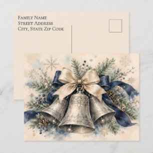 Cartão Postal De Festividades Sinos de Natal Prateados Elegantes em Aquarela