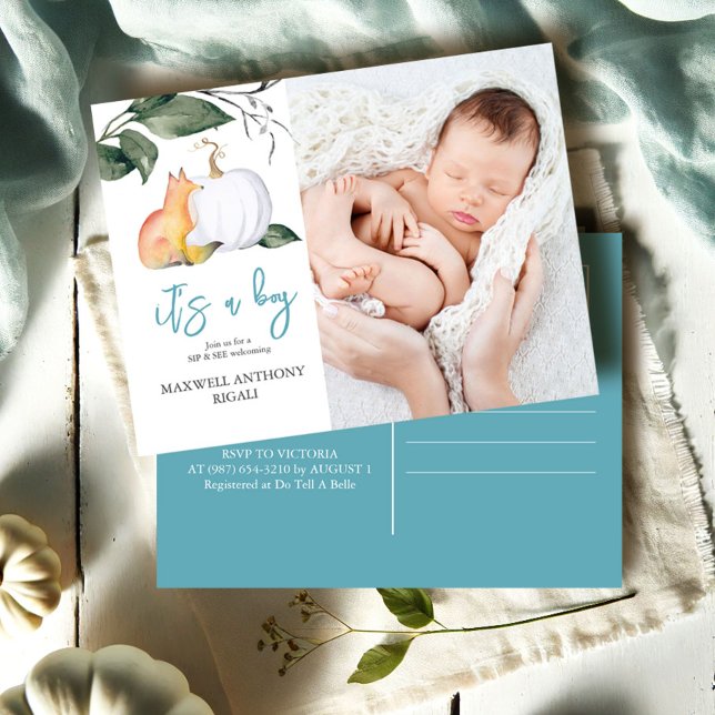 Cartão Postal De Festividades Sip and See Baby Shower Inves Fall Fox (Sip and see fall baby shower for boy watercolor woodland fox and white pumpkin by Do Tell A Belle)