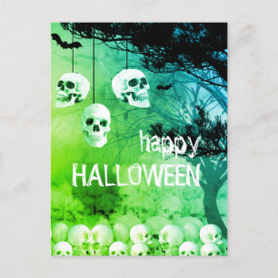 Cartão Postal De Festividades Skeleton Happy Halloween Green Night with Skulls