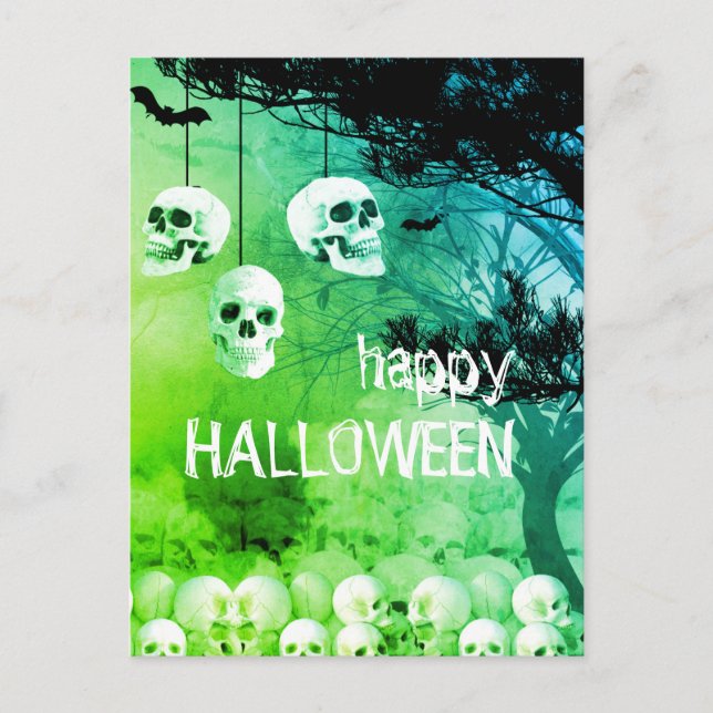 Cartão Postal De Festividades Skeleton Happy Halloween Green Night with Skulls (Frente)