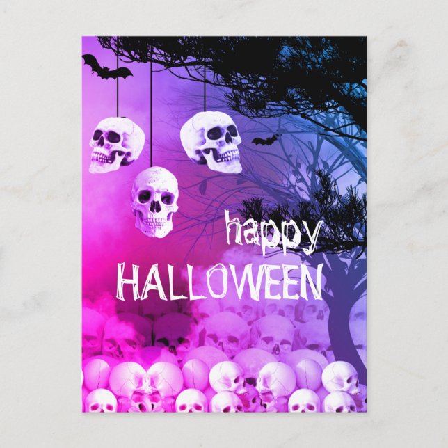 Cartão Postal De Festividades Skeleton Happy Halloween Purple Night Com Skulls (Frente)