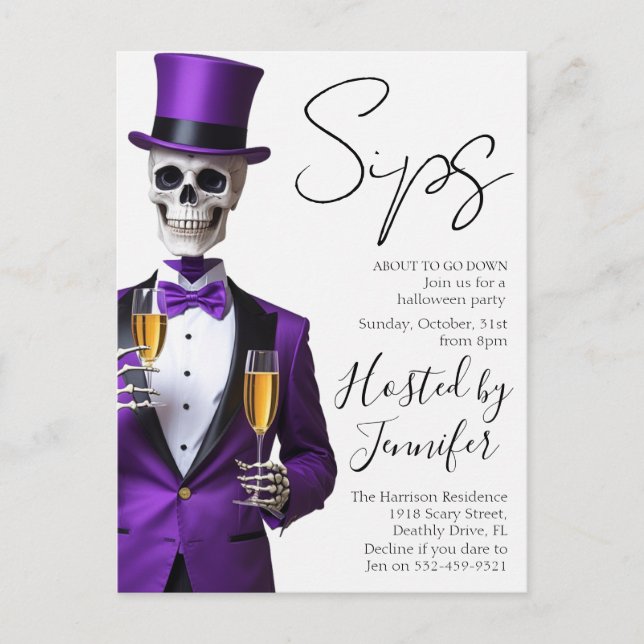 Cartão Postal De Festividades Skeleton in Purple Halloween Party Invite (Frente)
