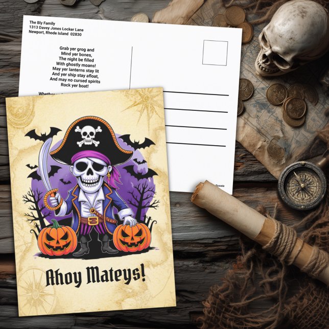 Cartão Postal De Festividades Skeleton Pirate Halloween (Criador carregado)