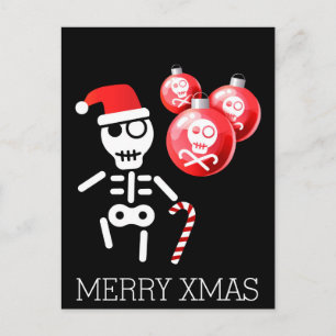 Cartão Postal De Festividades Skeleton with candy cane, santa hat