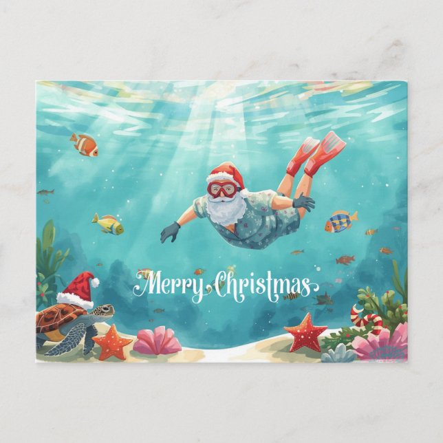 Cartão Postal De Festividades Snorkeling Santa Underwater Christmas Holiday Card (Frente)
