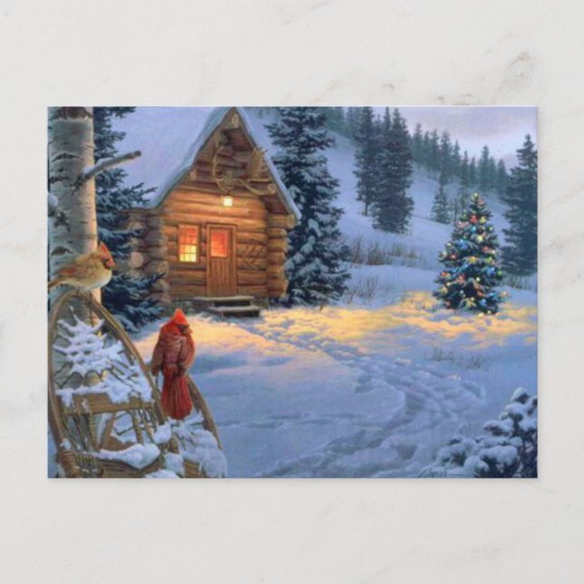 Cartão Postal De Festividades Snow Cabin With Christmas Birds (Frente)