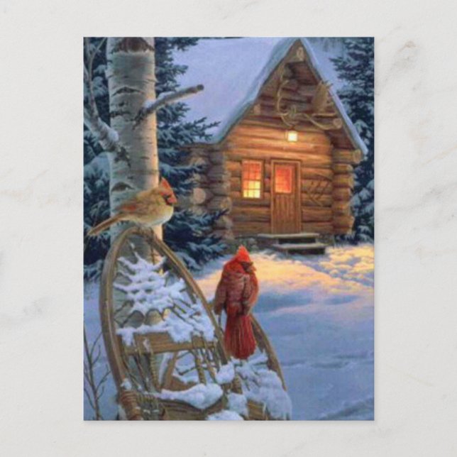 Cartão Postal De Festividades Snow Cabin With Christmas Birds (Frente)