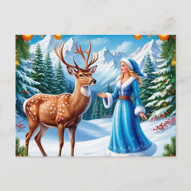 Cartão Postal De Festividades Snow Maiden Encantando Cena de Inverno (Frente)