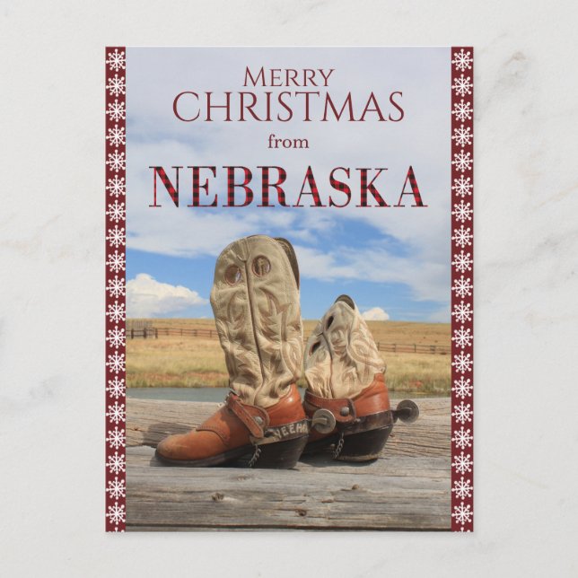 Cartão Postal De Festividades Snowflake Border De Nebraska Cowboy Boots Natal (Frente)