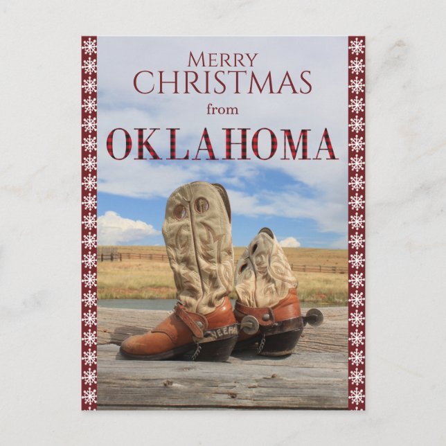 Cartão Postal De Festividades Snowflake Border Oklahoma Cowboy Boots Natal (Frente)