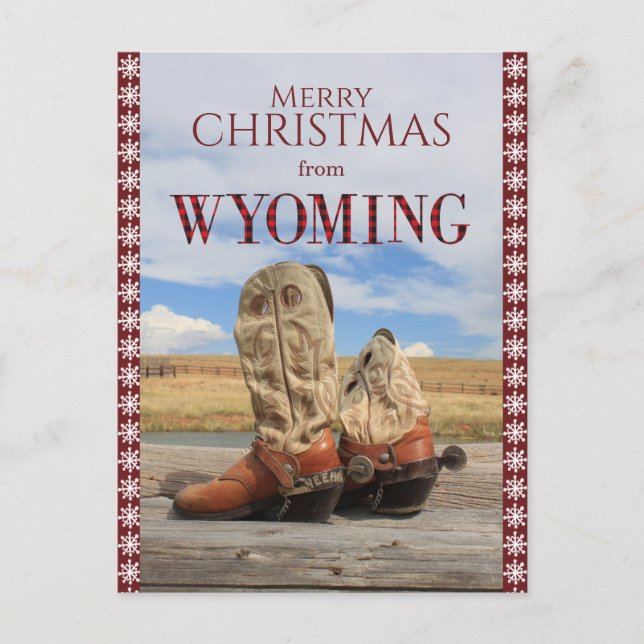 Cartão Postal De Festividades Snowflake Border Wyoming Cowboy Boot Natal (Frente)