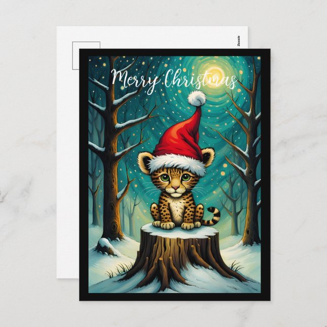 Cartão Postal De Festividades SnowForest Night Cute Baby Leopardo (Frente/Verso)