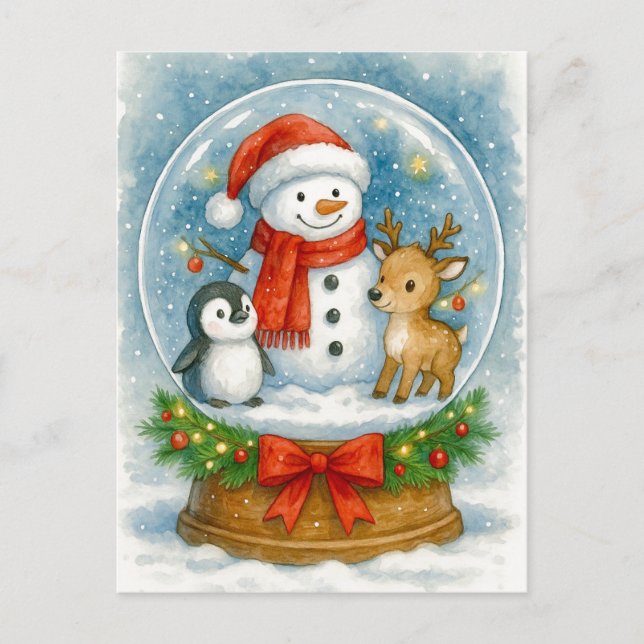 Cartão Postal De Festividades Snowman and Friends Christmas Snow Globe Postcard (Frente)