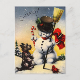 Cartão Postal De Festividades Snowman Britânico e Scotty Dog Dizendo "Cheerio!"