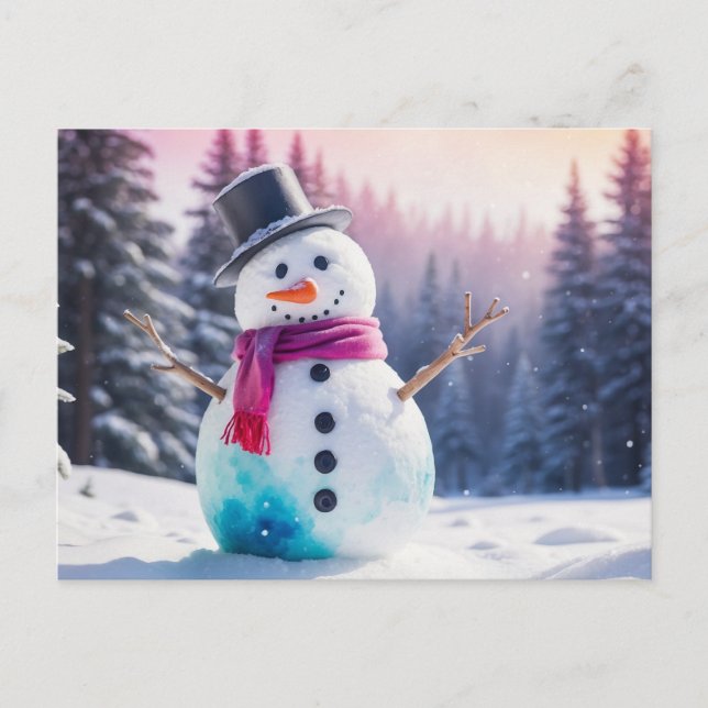 Cartão Postal De Festividades Snowman de Natal e Floresta de inverno (Frente)