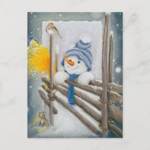 Cartão Postal De Festividades Snowman De Natal Olhando Para O Pássaro