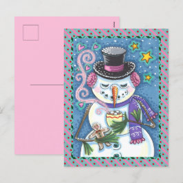 CARTÃO POSTAL DE FESTIVIDADES SNOWMAN, GINGERBREAD MAN E MUG DE CHOCOLATE QUENTE