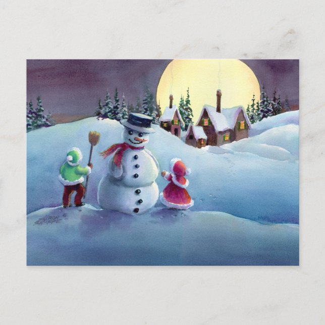 Cartão Postal De Festividades SNOWMAN & KIDS por SHARON SHARPE (Frente)