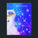 Cartão Postal De Festividades Snowman Snowflakes Blue Magical Christmas<br><div class="desc">Bonito bonitão de inverno e flocos de neve. Feliz desejo de Natal para seus amigos e família - você pode mudar o texto. Flocos de neve brancos em fundo abstrato azul e rosa fazem com que este cartão postal seja mágico e contador de fadas como.</div>