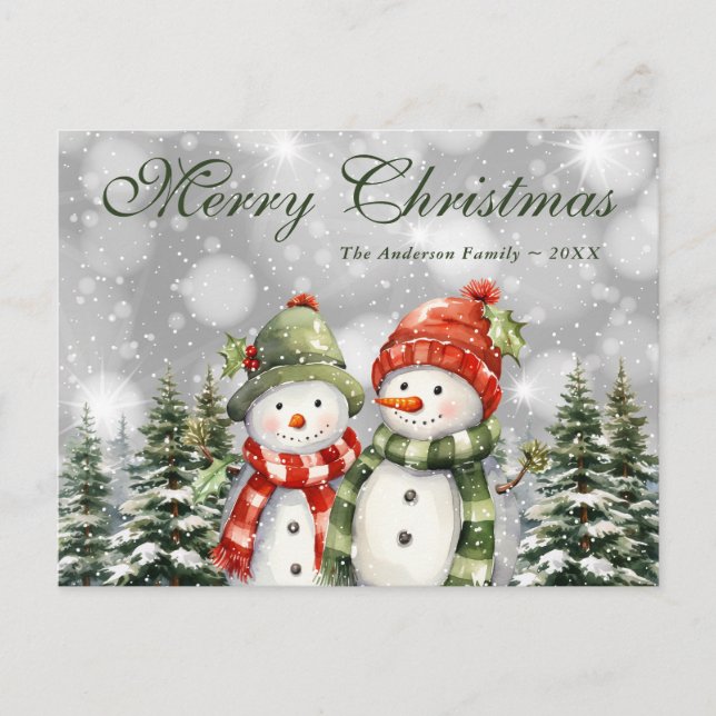 Cartão Postal De Festividades Snowman Snowy Forest Feliz Natal (Frente)