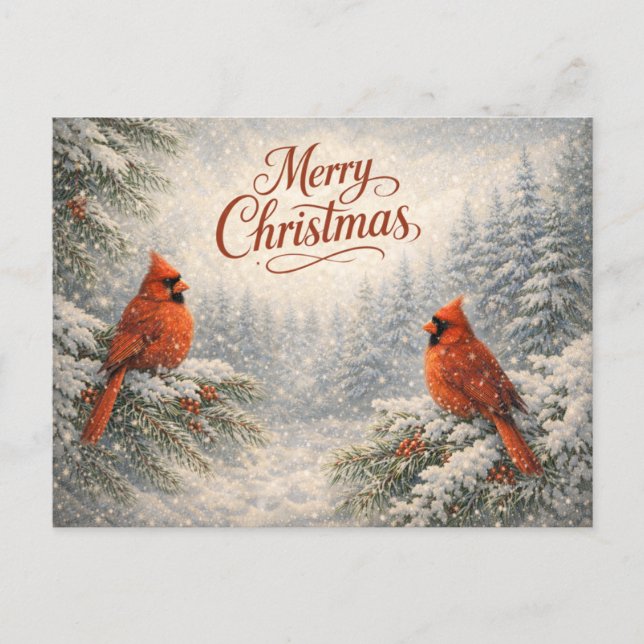 Cartão Postal De Festividades Snowy Cardinal Winter Merry Christmas  (Frente)