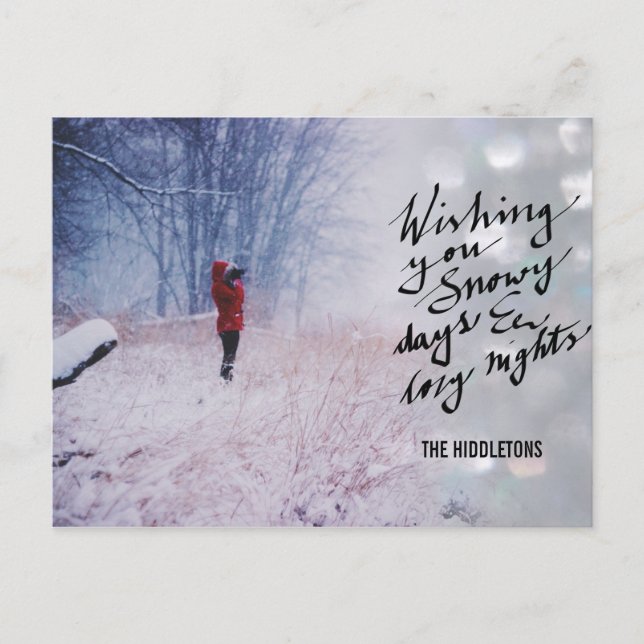 Cartão Postal De Festividades Snowy Days Cozy Noites Script Bokeh Holiday Foto (Frente)