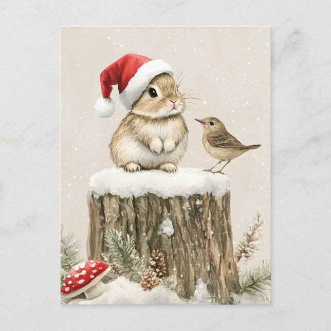 Cartão Postal De Festividades Snowy Forest Winter Woodland Christmas Bunny Bird  (Frente)
