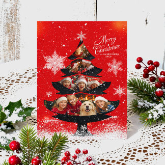 Cartão Postal De Festividades Snowy Merry Christmas Family Photo Tree