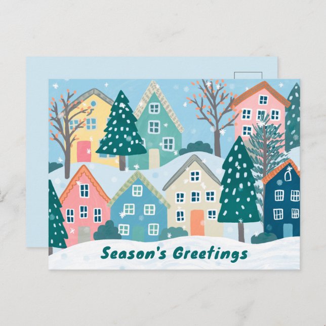 Cartão Postal De Festividades Snowy Village Illustration Cute Season's Greetings (Frente/Verso)