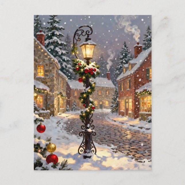 Cartão Postal De Festividades Snowy Village Scene with Lamppost  (Frente)